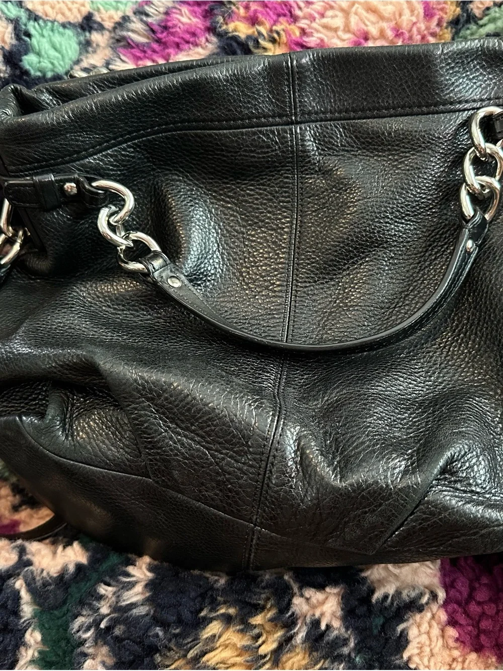 Coach Black Pebbled Leather Hobo with Silver Chain Accents